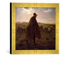 Gerahmtes Bild von Jean-François Millet Schäfer mit Herde bei Sonnenuntergang, Kunstdruck im hochwertigen handgefertigten Bilder-Rahmen, 30x30 cm, Gold Raya