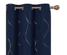 Deconovo Verdunklungsvorhänge Wellen Foliendruck Muster Raumverdunklung Vorhang Thermoisoliert Fenster Energiespar Drapes Set von 2 Panels 42Wx54L Inch Navy Blue/Gold Print