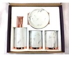 WPM Badezimmerzubehör-Set, 4-teilig Geschenkset mit Seifenspender, Zahnbürstenhalter, Zahnputzbecher und Seifenschale, Marmor-Look mit Roségold
