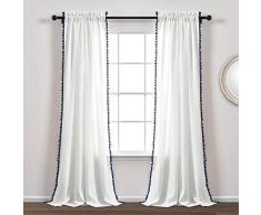 Lush Decor, marineblauer Pom Vorhang, strukturiert, einfarbig, Shabby-Chic-Stil, Fensterpaneel für Wohnzimmer, Esszimmer, Schlafzimmer (Einzel), 213,4 x 127 cm, Weiß