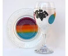 Quality Judaica Handbemalt Glas Kiddusch Tasse und Tablett, Multi Colored Granatapfel Design, Made in Israel