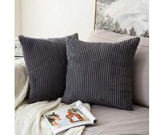 SEEKSEE 2 Stück Kordsamt Soild Dekorative quadratische Überwurf-Kissenbezüge Set Kissenbezüge für Sofa Schlafzimmer Auto 2 Pieces, 18x18 Striped-Dark-Grey