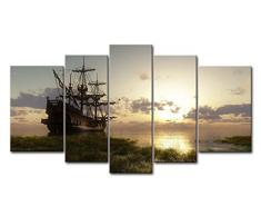 So Crazy Art Wandbild, 5-teilig, Motiv Fantasie Schiff, Segelboot im Sonnenuntergang, auf Leinwand, Motiv Meereslandschaft, Ölbild für Zuhause, moderne Dekoration Modern 10x16inchx2Panel,8x20inchx2Panel,8x24inchx1Panel