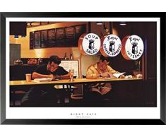 Buyartforless Arbeit Gerahmtes Café von Rob Brooks, 36 x 24 cm, Nachtszene, 2 Männer sitzen an der Bar, Tisch, Neonschild, Suppe, Salat, Royal Coffee Espresso, Internet, Braun