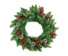 SHATCHI Künstliche 55 cm beleuchtete Weihnachtsbaumgirlande mit Beeren und Tannenzapfen, Frostspitzen, Tür-Wand-Dekoration, Weihnachtsdekoration, Weihnachtsdekoration, LED-Licht, Grün