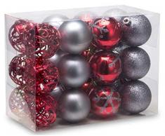 AUXO-FUN Christbaumkugeln, 60 mm, bruchsicher, 24 Stück Red & Grey