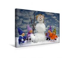 Premium Textil-Leinwand 45 x 30 cm Quer-Format Vier kleine Wichtel bauen eine Schneefrau | Wandbild, HD-Bild auf Keilrahmen, Fertigbild auf hochwertigem Vlies, Leinwanddruck von Christine Schmutzler-Schaub