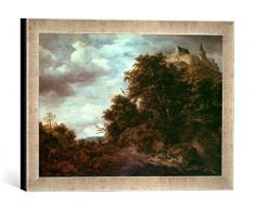 Gerahmtes Bild von Jacob Isaaksz. or Isaacksz. Van Ruisdael Landschaft mit Schloß Bentheim, Kunstdruck im hochwertigen handgefertigten Bilder-Rahmen, 40x30 cm, Silber Raya