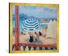 Gerahmtes Bild von Henri Lebasque Cannes, Blauer Sonnenschirm und Zelte, Kunstdruck im hochwertigen handgefertigten Bilder-Rahmen, 70x50 cm, Gold Raya