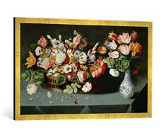 Gerahmtes Bild von Osias Beert der Ältere Stilleben mit Blumen und Schmetterlingen, Kunstdruck im hochwertigen handgefertigten Bilder-Rahmen, 100x50 cm, Gold Raya