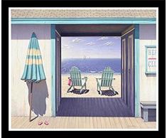 Buyartforless Work Club by Daniel Pollera Kunstdruck Poster Adirondack Stühle, Strand, Ozean, breiter schwarzer Rahmen, Braun