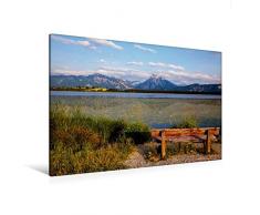 Calvendo Premium Textil-Leinwand 120 cm x 80 cm quer, Bitte Platz nehmen | Wandbild, Bild auf Keilrahmen, Fertigbild auf echter Leinwand, Leinwanddruck: Bank am Hopfensee Orte Orte
