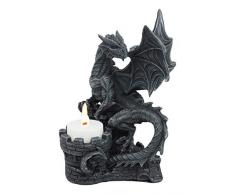 Ebros Teelichthalter mit Feuerdrache auf Schloss Festung Turret Statue 17,8 cm hoch Fantasie Kunststein Gothic Dungeons und Drachen Kerzenhalter Dekoration Mittelalter Renaissance Alter der Könige Skulptur