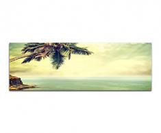 Panoramabild auf Leinwand und Keilrahmen 150x50cm Strand Meer Palme Felsen Vintage