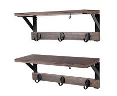 Homekoko Vintage Schweberegal mit Garderobe Haken, rustikales Holz Wandregal für Schlafzimmer Wohnzimmer 2er Set braun