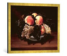 Gerahmtes Bild von Carlo Francesco Nuvolone Stilleben mit Pfirsichen und Trauben in Einer Majolikaschale und Bienen, Kunstdruck im hochwertigen handgefertigten Bilder-Rahmen, 70x50 cm, Gold Raya