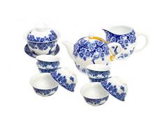 TEASOUL Weißes Porzellan, dekoriert mit schönen Bildern von Schmetterlingen und Blumen in blau: das Teeservice besteht aus einem Gaiwan, einen Krug, Teekanne und acht Tassen, None