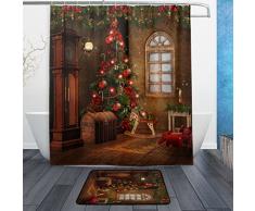 ALAZA Set von 2 Christmas Tree Vintage Raum 152,4 x 182,9 cm Vorhang für die Dusche und Matte Set, Weihnachten Urlaub Wasserdicht Stoff Badezimmer Vorhang und Teppich-Set mit Haken Multicolor 1