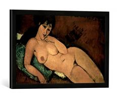 Gerahmtes Bild von Amedeo Modigliani Akt auf blauem Kissen, Kunstdruck im hochwertigen handgefertigten Bilder-Rahmen, 60x40 cm, Schwarz matt