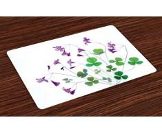 Lunarable Platzdeckchen mit Blumenmotiv, 4 Stück, Frühlingsgarten, Wildblumen und Kleeblatt, modernes Blumenmuster, Grafikdruck, waschbar, Stoff Tischsets für Esszimmer, Küche, Tischdekoration, Weiß / Violett / Grün, Textil,