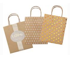 folia 21823 Papiertüten X-mas aus braunem Kraftpapier, Geschenktüten teilweise mit Heißfolienprägung, 12 Stück, ca. 18 x 8 x 21 cm, sortiert in 3 Motiven-zum Basteln, Verzieren und Verschenken, bunt