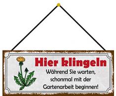 Schatzmix Garten Gartenarbeit klingeln Metallschild 27x10cm Wanddeko m. Kordel Blechschild, Blech, Mehrfarbig, 27x10 cm