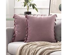 MIULEE Kissenhülle für Sofas, Bett, Samt, weich, dekorativ, mit Quasten, Fransen, Boho, 2 Stück 18x18 rosa/Purpur