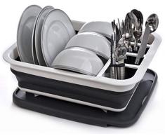 Abtropfgestell, zusammenklappbar, für einfache Lagerung, Wasser direkt in die Spüle, Platz für acht große Teller, Besteck- und Utensilienfach, kompakt und tragbar.