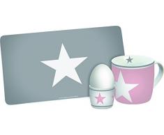 infinite by GEDA LABELS (INFKH) Sterne, 3teilig 3-teiliges Frühstücksset mit Tasse, Eierbecher und Brettchen, Melamin, rosa/grau, 23,5 x 9,5 x 14,5 cm, 3-Einheiten