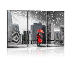 Kolo Wall Art Abstrakt Schwarz und Weiß ART Paare mit Rot Regenschirm unter Milchstraße in New York City Landschaft Gemälde Kunstdruck auf Leinwand gerahmt für Wohnzimmer fertig zum Aufhängen Art Deco 16x32x3 schwarz / weiß