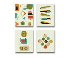 HPNIUB Abstrakte geometrische Kunstdrucke, Set von 4 20,3 x 25,4 cm, mittelgroßes Jahrhundert, modernes Leinwand-Poster, Geometrie-Gemälde für Schlafzimmer, Wohnzimmer, Heimdekoration, Keine Rahmen