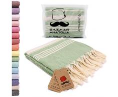 Bazaar Anatolia türkisches Handtuch, 100 % Baumwolle, Pestemal Badetuch, 75 x 38 cm, dünn, leicht, für Reisen, Camping, Bad, Sauna, Strand, Fitnessstudio, Pool-Decke, Fouta, schnell trocknende Handtücher Casual 75x38 grün