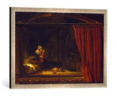 Gerahmtes Bild von Rembrandt Harmensz van Rijn Die heilige Familie mit einem gemalten Rahmen und Vorhang - sog. Holzhackerfamilie, Kunstdruck im hochwertigen handgefertigten Bilder-Rahmen, 70x50 cm, Silber Raya