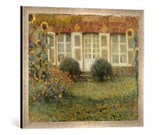 Gerahmtes Bild von Henri Le Sidaner Gartenhaus und Sonnenblumen, Kunstdruck im hochwertigen handgefertigten Bilder-Rahmen, 70x50 cm, Silber Raya