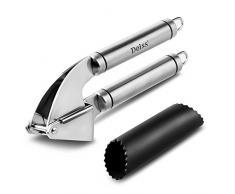 DEISS PRO Knoblauchpresse und Silikon Knoblauchschäler Set - bestes Werkzeug zum Hacken von Knoblauch und Ingwer in Sekunden - Rostfreier Edelstahl und extrem leicht zu reinigen - Spülmaschinenfest
