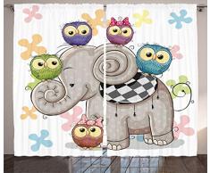 Eule Vorhänge Home Decor von ambesonne, Cute Cartoon Elefant und Eulen auf einem Floral Background Animal Love Big Eyes Jungen Mädchen Decor, Wohnzimmer Schlafzimmer Dekor, 2 Panel Set, 108 W x 84L Zoll, Multi
