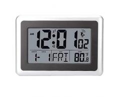 Perfeo Atomic Digital Wanduhr, großes LCD-Display, batteriebetrieben, Innentemperatur, Kalender, Tisch, Schlummerfunktion, ohne Hintergrundbeleuchtung, silberfarben