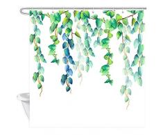 JAWO Duschvorhang mit grünen Blättern, Aquarell-Hintergrund, mit Blumenmuster und Blättern, Polyester Stoff für das Badeset, mit Haken, 69 x 178 cm
