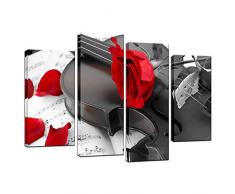 Biuteawal- 4-teiliges Leinwandbild, Rote Rose auf Klavierbild, Kunstdrucke auf Leinwand, romantische Kunst, Wanddekoration für Zuhause, Küche, Wohnzimmer, Schlafzimmer, Galerie, fertig zum Aufhängen