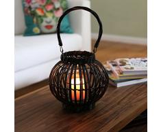 Urban Trends Holz bauchige rund Laterne mit Seilgriff, Hurricane Kerzenhalter, Gitter-Design Körper und konischem Unterseite SM Finish schwarz beschichtet