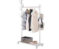 SINGAYE Kleiderständer 2-in-1-Kleiderständer Rolling Kleiderständer mit Bodenregalen, 7 seitliche Haken, abschließbare Räder, Roll-Schrank-Organizer weiß