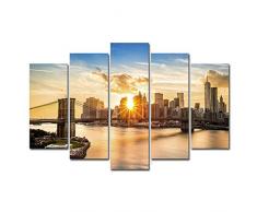 Horgan Art Leinwandbild, Motiv New York Sunrise Brooklyn Bridge, 5-teilig, Modernes Landschaftsbild, ungerahmt, für Wohnzimmer, Schlafzimmer, Heimdekoration (Kein Rahmen)