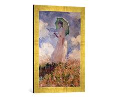 Gerahmtes Bild von Claude Monet Frau mit Sonnenschirm, nach Links gewendet, Suzanne Hoschedé, Kunstdruck im hochwertigen handgefertigten Bilder-Rahmen, 40x60 cm, Gold Raya