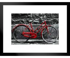Poster Foundry Retro Vintage Red Bike Leaning Against Block Wall B&W Foto Antik 26x20 inches Matted Framed Poster