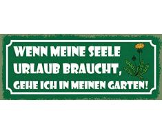 Schatzmix Spruch Wenn Meine Seele Urlaub braucht, gehe ich in Meinen Garten Metallschild 27x10 Deko tin Sign Blechschild, Blech, Mehrfarbig, 27x10 cm