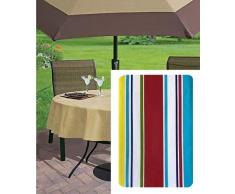 Newbridge Fiesta Southwestern Party Print Vinyl Flanell Rückseite Tischdecke – Rot, Weiß, Blau, Gelb und Grün gestreift Wasserdichte Terrasse, BBQ, Picknick, Küchentischdecken Landhausstil 70 Zipper Umbrella Round Primärstreifen