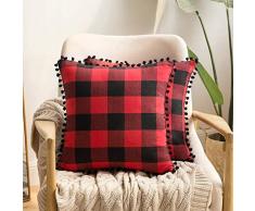 MIULEE 2er Set Retro Farmhouse Buffalo Plaid Karo Kissenbezug mit Pompons Dekorative Überwurf-Kissenbezüge für Sofa Couch 18x18 rot/schwarz