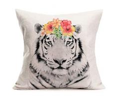 Asamour Kissenbezug, Bezauberndes Tier, mit schönem Blumenkranz, Baumwollleinen, Bauernhof, dekorativer Kissenbezug, 45,7 x 45,7 cm, quadratisch, für Sofa Couch 18 x 18 Tiger