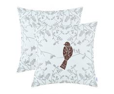 CaliTime Kissenbezüge Kissenhülle 2er-Pack Dekokissen aus Baumwolle für Bettcouch-Sofa Cute Bird in Grey Garden Bestickt 45 x 45 cm Kaffee