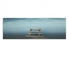 Panoramabild auf Leinwand und Keilrahmen 150x50cm Wasser Holzsteg Wolken Nebel Dunst